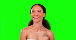 Happy, thinking and a woman with beauty on a green screen isolated on a studio background. Skincare, glow and a model girl looking thoughtful, smiling and posing on a mockup space backdrop for a spa