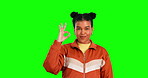 Green screen face, perfect and happy woman with okay gesture for feedback support, opinion vote or review. Ok emoji sign, chroma key portrait and person with nice agreement icon on studio background