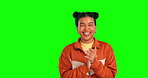 Green screen face, applause or happy woman celebrate achievement, success goal or winning congratulations. Chroma key portrait, excited winner or person clapping for victory news on studio background