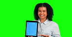 Green screen face, tablet or happy woman with palm mockup, tracking markers or professional product placement. Mobile tech screen, chroma key portrait or logo presentation person on studio background