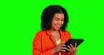 Green screen tablet, happy and woman typing online web search, feedback review or reading tech report. Ecommerce business, chroma key or person smile for good research statistics on studio background