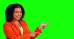 Green screen face, finger gun or happy woman point at commercial space, logo mockup or opportunity notification. Discount sales direction, chroma key portrait and business person on studio background