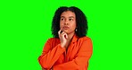 Green screen face, thinking and business woman ponder question, startup idea or entrepreneurship. Thoughtful, chroma key and person focus on strategy, problem solving or planning on studio background