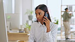 Phone call, business and computer with woman in office for consulting, research and communication. Contact, administration and technology with female employee for conversation, planning or networking