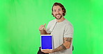 Green screen, tablet and hand gesture of man for gym membership website. Portrait of laughing athlete person with mobile device for exercise app invite, mockup space or promotion on studio background