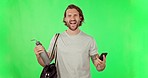 Face, fitness and happy man with green screen, smartphone and celebration against a studio background. Portrait, male athlete and person with cellphone, cheering and workout target with water bottle