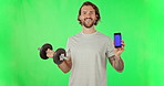 Man, exercise and dumbbell with green screen phone and space for gym mockup. Portrait of athlete person and fitness workout app for strong muscle or membership offer, progress or smartphone website