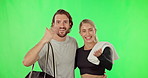 Invite, workout and join  the gym on green screen with a couple ready to welcome a new member in studio. Portrait, motivation or hand gesture with a man and woman together on chromakey for exercise
