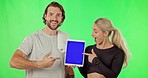 Green screen, thumbs up and people with a tablet for marketing a gym isolated on studio background. Happy, advertising and face portrait of man and woman with mockup on tech to join fitness program