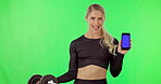 Exercise, dumbbell and woman with phone on green screen for advertising website or ux mockup. Portrait of athlete person smile for fitness workout and smartphone for gym offer, promotion or discount 