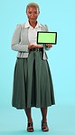 Woman, studio and tablet green screen portrait for advertising mockup space or website. Black person with mobile device in hand talking about app, ux or brand and logo design on a blue background