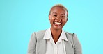 Face, comic and black woman in studio laughing at joke, happy and enjoying silly humor against blue background. Portrait, comedy and black business owner laugh at funny memory, crazy and having fun