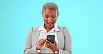 Surprise, wow and black woman on blue background with phone for social media, internet and mobile app. Communication, winner and girl on smartphone for chatting, winning and online bonus in studio