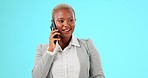 Phone call, happy and face of black woman on blue background laughing, smile and talking in studio. Communication, network and girl on smartphone in funny conversation, discussion and chatting online