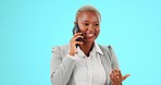 Phone call, laugh and face of black woman on blue background laughing, smile and happy in studio. Communication, network and girl on smartphone in funny conversation, talking and chatting online