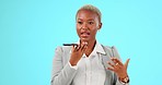 Phone, record voice and face of black woman on blue background for planning, strategy and business. Communication, network and girl on smartphone for conversation, talking and chat online in studio