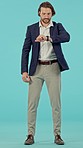 Watch, time and late business man in studio isolated on a blue background. Schedule, arms crossed and annoyed professional person checking wristwatch clock with deadline, disappointment and waiting.