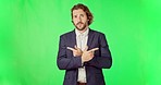 Business man, pointing and confused face by green screen for decision, options and ideas by background. Businessman, choice and point hands with thinking in studio mock up with chroma key backdrop
