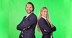Business man, woman and arms crossed by green screen for studio portrait, teamwork and partnership. Businessman, female partner and smile on face for collaboration, support and solidarity in mock up