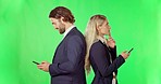 Couple, phone and standing on green screen with back in studio isolated on a background mockup. Cellphone, business and man and woman texting, social media or online browsing, web networking or think