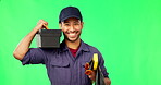 Handyman with tool box, green screen and smile on face with maintenance, construction and mockup space. Portrait, skills or trade, plumbing and home renovation with happy man on studio background