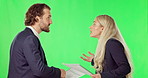 Arguing, conflict and business people with a document on a green screen isolated on a studio background. Fight, angry and a man and woman speaking about a corporate report problem and shouting