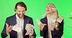 Business people, celebration and jumping in money rain on green screen for winning against a studio background. Happy businessman or woman excited for cash profit, win or financial freedom on mockup