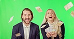 Business people, dancing and celebration in money rain on green screen for winning against a studio background. Happy businessman or woman excited for cash profit, win or financial freedom on mockup