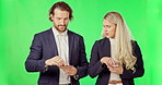 Money, equal pay and gender equality with business people on a green screen background in studio. Cash, payment or counting with a man and woman employee feeling happy or upset on chromakey mockup