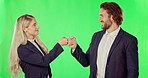 Business people, fist bump and partnership in teamwork on green screen and arms crossed against studio background. Portrait of confident businessman or woman touching hands in team greeting on mockup