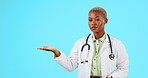 Doctor, stop or serious black woman in studio with mockup space for advertising or product placement. No, shaking head or African girl portrait in healthcare clinic with warning about risk or danger 
