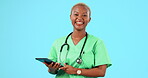 Tablet, doctor face or happy woman isolated on blue background in healthcare research or telehealth services. Nurse, surgeon or medical person with smile for digital app or data software in studio