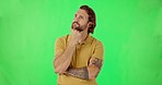 Man, thinking face and green screen studio for ideas, why and question in life by background. Young male, think and doubt with confused mind, brainstorming and problem solving in mockup by backdrop