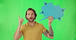 Idea, speech bubble and man on green screen in studio isolated on a background mockup. Thinking, poster and face portrait of male person with banner for social media, solution and tracking markers.