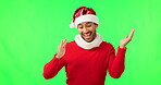 Man, Christmas dance and green screen with hat feeling happy for promotion, deal or holiday sale. Isolated, studio background and person dancing with happiness for festive winter celebration