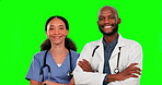 Teamwork, doctor and nurse with arms crossed on green screen in studio isolated on a background. Face, portrait and happy medical collaboration of woman and black man with confidence for healthcare.