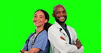 Face, doctor and nurse with arms crossed on green screen in studio isolated on a background. Collaboration, portrait and happy medical teamwork of woman and black man with confidence for healthcare.