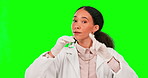 Science, no to drinking and a woman on a green screen background in studio for chemical safety. Portrait, experiment and reaction with a female scientist checking a solution on chromakey mockup