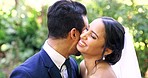 Love, bride and groom outdoor, dancing and happiness for relationship, joyful and partnership. Romance, man and woman dance, smile and trust with wedding, commitment and movement in park and loving