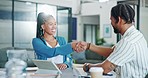 Tablet, business people and handshake for partnership in office, deal or agreement. Smile, black man and woman shaking hands for b2b, introduction or onboarding, opportunity or welcome to workplace.