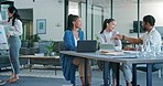 Business people, meeting and handshake for teamwork, collaboration or planning together at office. Group of employees shaking hands for greeting, introduction or team strategy and ideas at workplace