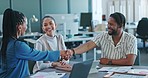 Smile, business people and handshake for partnership, deal or introduction in office. Group, employees and shaking hands for agreement, collaboration or onboarding, opportunity or welcome to company.