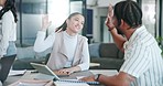 Happy business people, high five and winning for teamwork, success or victory with documents at the office. Man and woman touching hands in celebration for win, achievement or motivation at workplace