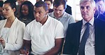 Business people, seminar and audience sitting with laptop, book and listen for notes, info and advice. Men, women and corporate tradeshow for networking, learning or presentation at global convention