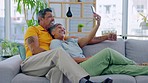 Selfie, cuddle and happy old couple with relax memory picture of home date, romantic love and retirement time together. Social media app, bonding and elderly man, woman or people posing for photo