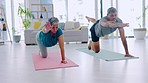 Fitness, meditation and senior couple on the floor, pilates training and exercise for wellness, bonding and stress relief. Partners, man or woman at home, workout goal or breathing in the living room