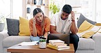 Young couple, finance and stress of debt in home for budget, insurance planning and mortgage bills. Frustrated man, woman and bankruptcy of financial crisis, poor savings policy and inflation problem