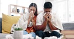 Sick couple, flu and sneeze of nose for cold, allergies and winter virus in living room at home. Man, woman and sneezing for health problem, covid risk and allergy of sinusitis, infection and disease