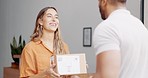 Woman, delivery man and collecting package at door for ecommerce, online shopping or purchase at home. Happy female shopper taking parcel, order or box for collection, deliver or service at entrance