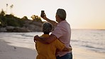 Back, couple and beach selfie on sunset walk with romance, conversation and profile picture for blog. Man, woman and photography by ocean for love, bond and social media app on retirement vacation